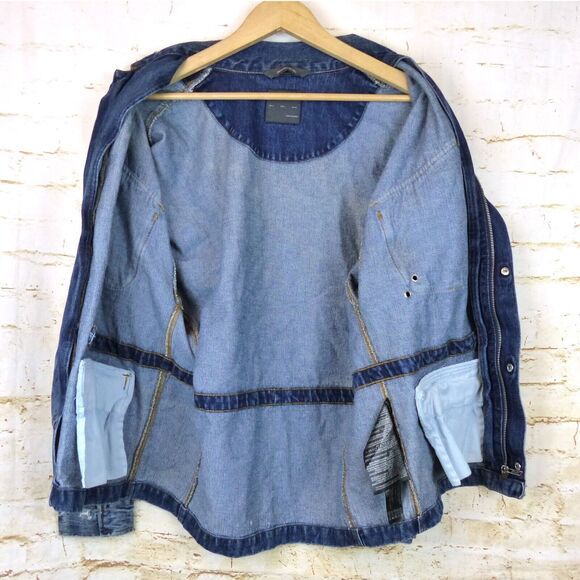 Zara Man 1975 Denim Field Jacket Men L Blue Utility Distress Embellished Grunge - Picture 12 of 14